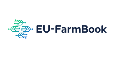 Logo EU-Farm Book mit illustrierten Ähren in blau und türkis