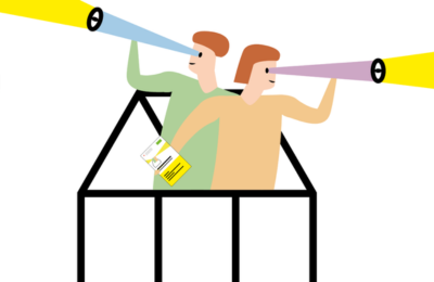 Illustration von 2 Personen mit einer Broschüre in der Hand und leuchtenden Fernrohren