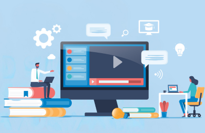 Illustration eines Computer Bildschirms mit Menschen die arbeiten und kommunizieren