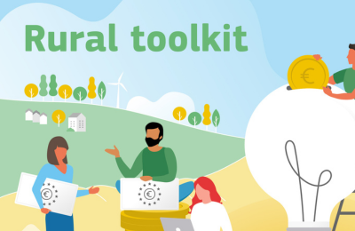 Rural Toolkit. Illustration mehrerer Menschen am Land