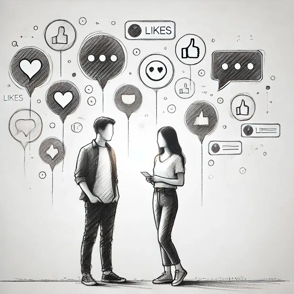 Eine skizzenhafte Illustration zweier stehender und miteinander sprechender Personen, in die Social-Media-Elemente als schwebende Icons integriert sind