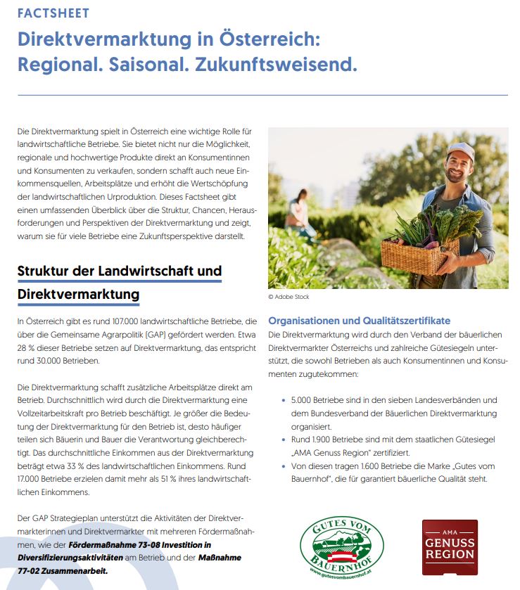 Screenshot vom Factsheet Direktvermarktung in Österreich