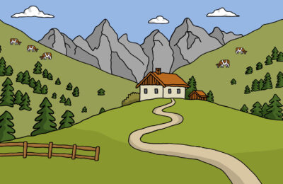 Comiczeichnung einer Berglandschaft mit Alm und Kühen