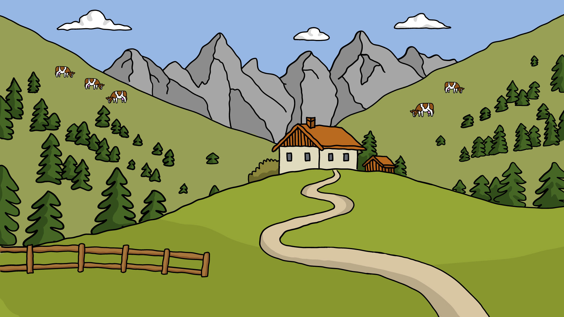Comiczeichnung einer Berglandschaft mit Alm und Kühen