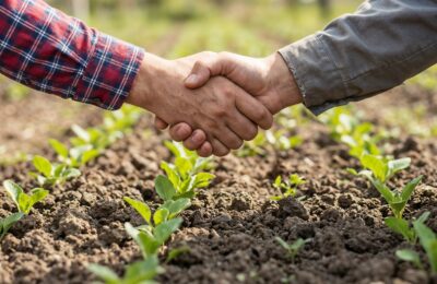 Nahaufnahme von zwei Bauern, die sich über einem Feld mit jungen, grünen Setzlingen die Hand geben.