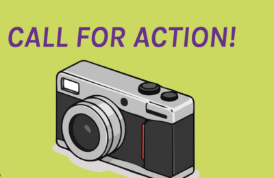 Grafik Photoapparat auf gelbem Hintergrund und Schriftzug Call for Action