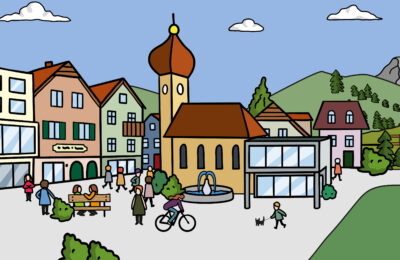 Belebtes Dorfzentrum animiert