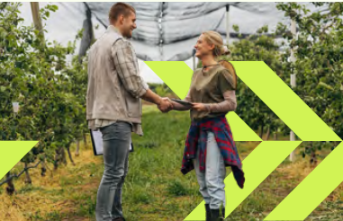 Ein Mann und eine Frau geben sich die Hand. Im Hintergrund eine Obstplantage mit Hagelnetzen